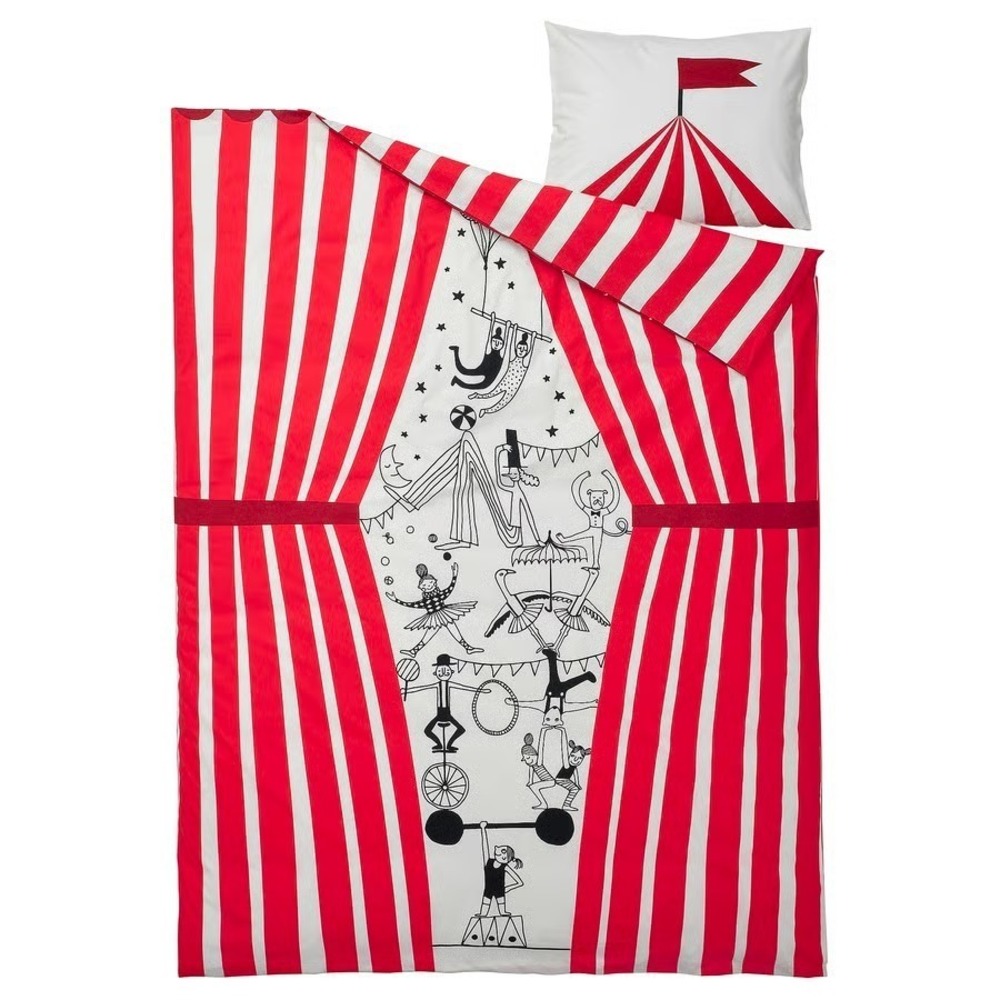 Ikea BUSENKEL Twin Duvet Cover and Pillowcase Circus Pattern Red/White New